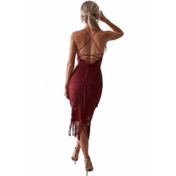 Red Fashion Tassel Backless Lace Dress White